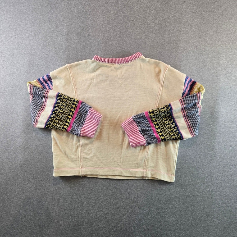 Pilcro Sweatshirt Womens Large Cream Pink Fair Isle Mixed Media Sleeve Oversized - Picture 2 of 10